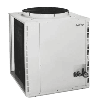 Hình ảnh dàn nóng của hệ thống 3-Way Multi do SANYO phát triển, được thiết kế để cung cấp đồng thời chức năng làm mát và sưởi ấm cho các không gian riêng biệt thông qua một dàn nóng duy nhất, đồng thời công nghệ thu hồi nhiệt giúp nâng cao hiệu quả năng lượng.